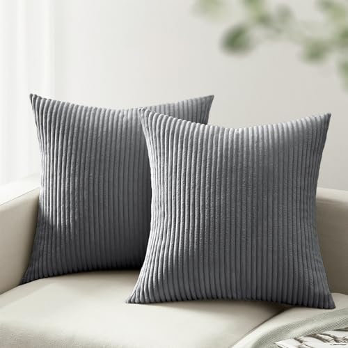 mosayt Kissenbezug 40x40 Dunkelgrau 2er Set Cordsamt gestreiftes Muster Kissenbezüge Kissenhülle Dekokissen Sofakissen Couchkissen Winter Deko Kissenhüllen Bett Wohnzimmer