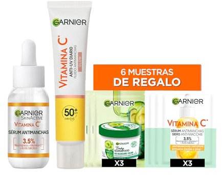 Garnier SkinActive Vitamina C Rutina Antimanchas: UV Fluid FPS 50+ Glow 50 ml + Sérum Antimanchas de Día 30 ml + Muestras de Regalo (3 x Mixa Crema Corporal Antimanchas y 3 x Sérum Antimanchas de Día)