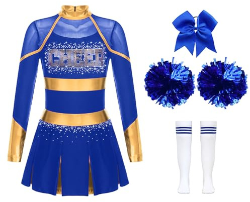 Miutii Lot de 4 costumes de cheer leader, pour fille, à manches longues, avec pompons, chaussettes, bandeau, Halloween, carnaval, robe de fête, B, bleu, taille 134-140