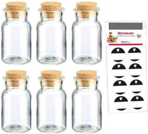 Westmark Ensemble de Pots à Épices Avec Bouchons en Liège, 6 Pièces – Pour Épices, Herbes et Thés – Inclus 8 Étiquettes Décoratives – Transparent, 150 Ml