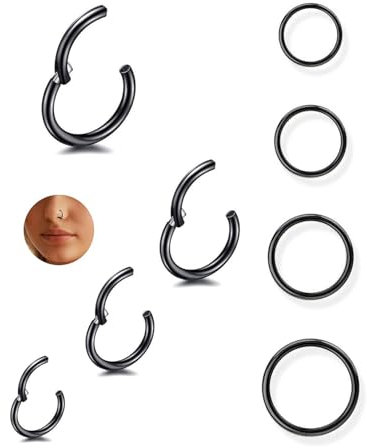 TPZORJX 8 Stück Nasenpiercing Ring 16G 316L Nasenring Hoop Helix Conch Tragus Daith Ohr Piercing Chirurgenstahl Septum Ring Clicker Knorpelohrring Lippenring 6mm/8mm/10mm/12mm - Schwarz