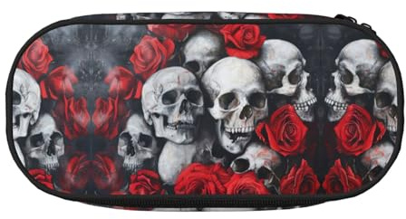 UVBDF Skull and Red Rose Pencil Case for Men Women,Portable Pencil Pouch Aesthetic, Zipper Cases for Office Organizer