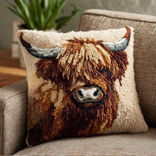 RKFLGEW Pre-Printed DIY Embroidery Latch Hook Pillow Cover Kit,Highland Cow,43X43Cm Animal Cross Stitch Cushion Covers Kits DIY Craft Needlework Pillowcase Latch Hook Cushion Kits for Adults