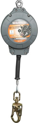Malta Dynamics Wild Boar 50’ Self Retracting Lifeline – SRL Fall Protection Lanyard with Steel Snap Hook for Construction Site Safety, OSHA and ANSI Compliant