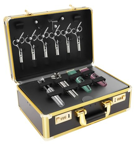 Maletín de maquillaje profesional grande, color dorado, maletín móvil para cosméticos y peluquería, con 2 candados de combinación y correa para el hombro, resistente estuche de belleza de hasta 20 kg