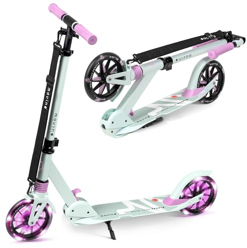 Movino Patinete para Niños Adultos y Adolescentes hasta 100 kg - Scooter Plegable Urbano - Ruedas LED Grandes 180 mm - Manillar Ajustable - City Light Menta-Rosa