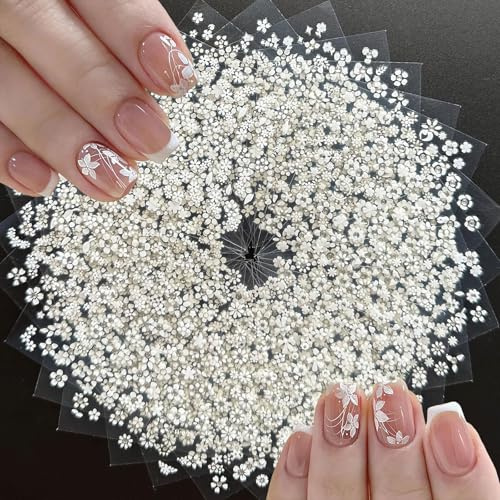 BellaBlend 30 Feuilles d'Autocollants d'Ongles Fleurs Blanches avec Strass Design Autocollant 3D Autocollant pour Décoration d'Ongles pour Femmes DIY Manucure (Blanc)