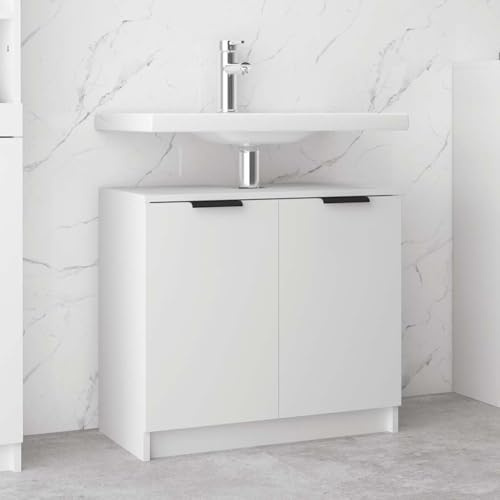 Augerlite Armoire de salle de bain blanche en bois 64,5 x 33,5 x 59 cm avec 2 portes de rangement et tiroir, armoire polyvalente pour salle de bain, couloir, ménage, ordre et rangement