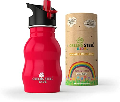 Greens Steel Botella de Acero Inoxidable para Niños - 350ml, Rojo I Tapa Mejorada Contra Fugas con Pajita y Asa I Botella de Agua para Niños Sorbe Fácil I Botella Ecológica de Bebida