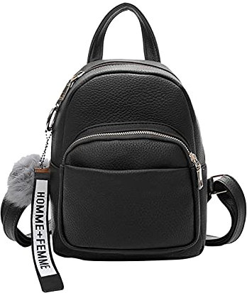 PORRASSO Mode Mini Rucksack Damen Kleiner Daypack mit Pompon Mädchen PU-Leder Rucksäcke für Reisen Dating Täglicher Gebrauch Schwarz
