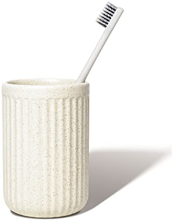 ABBI NIMO Beige Speckled Ceramic Toothbrush Holder, Rippled Cylinder Tumbler for Bathroom Countertop, Makeup Brush Holder, Pen Organizer, Multipurpose Bathroom Accessory