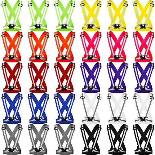 Macarrie 30 Pcs Reflective Running Vest Multicolor Adjustable High Visible Reflective Vests for Men Women Bulk Night Running Walking Jogging Cycling Outdoor Activity