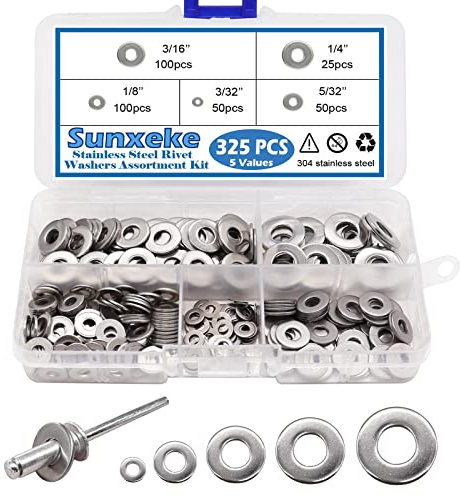 Sunxeke 325pcs Stainless Steel Washers for Blind Pop Rivets Assortment Kit, Backup Rivet Washers Diameter 3/32 inch 1/8inch 5/32inch 3/16inch 1/4inch