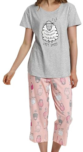 MIA LUCCE - Pigiama da donna, in due pezzi, estivo, in cotone, notte, casa, capri, maniche corte, top e pantaloni 3/4, taglie S-XXL, XL