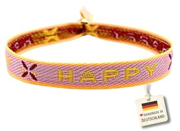 happymaker - Festival Armband, Stoffarmband mit Statement - Happy - mit vergoldeter Perle, Armband Damen Boho, wasserfest und handmade, Freundschaftsarmband