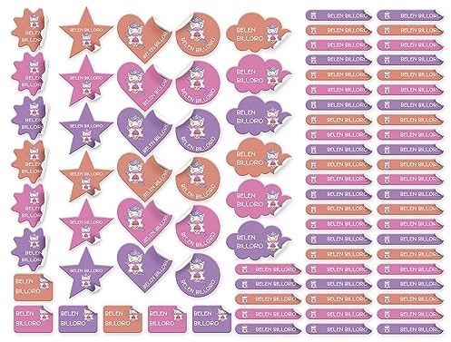 85 Pegatinas Nombre para Material Escolar en Vinilo para Lápices, Agenda, Libros, Bolis y Libretas en distintos Colores y Formas |Etiquetas Adhesivas Personalizadas Colegio (Modelo 5)