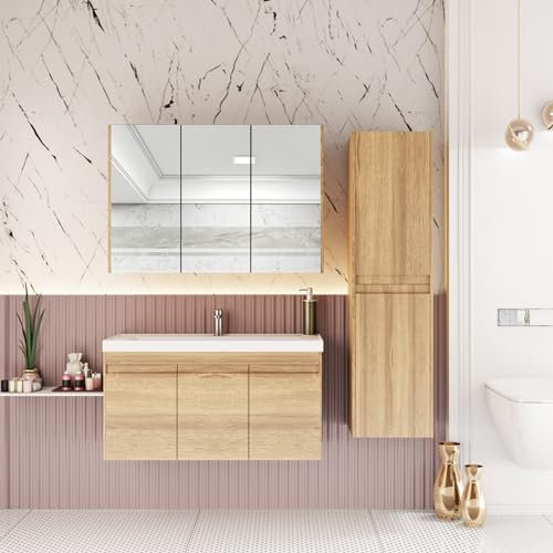 KAREN banyo Badmöbel Set 3 teilig City 100 cm | Waschbecken | Spiegelschrank | Unterschrank | Sonoma Eiche | Softclose-Türen & unsichtbare Griffe | Natürlicher Stil| Badezimmermöbel Waschtisch Holz