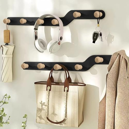 devesanter Kleiderhaken Wand 2 Stück,Platzsparende Garderobenleiste mit 6 Holz Haken, Garderobenleiste für Flure, Garderoben,Schlafzimmer(Schwarz