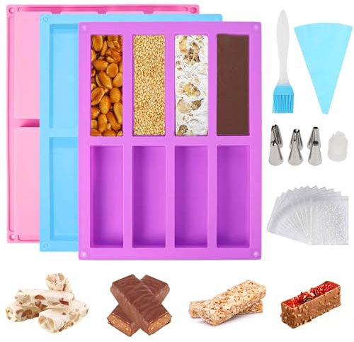 3 Pezzi Stampi Silicone per Barrette, Antiaderente Stampo Barretta in Silicone, Stampo Rettangolare in Silicone a 8 Cavità, per Barrette ai Cereali, Proteiche Energetiche, Cioccolato, Torte, Pane