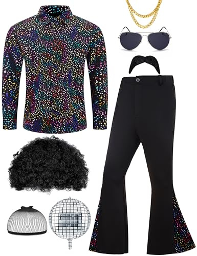 Ragelion Déguisement Disco Homme, Tenue 70s, Chemise et Pantalon Cloche, Accessoires Inclus, Taille XXL, Couleur Colorée, Coupe Droite, Pour Hommes, Occasion Carnaval et Halloween