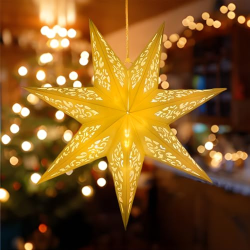 Nircho Julstjärna, upplyst, 45 cm, 3D, vikbar pappersstjärna, hängande julstjärna, juldekoration, inomhus pappersstjärnbelysning, julfest, stjärnljuskedja (form)