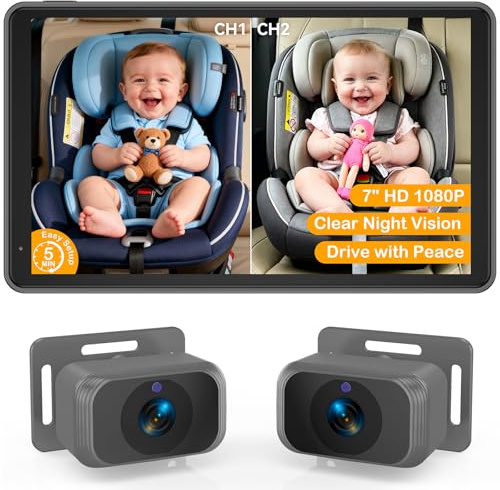 Cámara de coche para bebés para 2 niños - Pantalla dividida de 17,8 cm, cámaras duales HD 1080p, visión nocturna, rotación de 360°, cámara trasera fácil de instalar para mayor seguridad y conveniencia