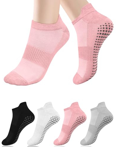Tobfit 4 Pairs Pilates Socks for Women Non Slip Grip Sock Yoga Socks Ankle Grippy Sock Woman Black+White+Grey+Pink
