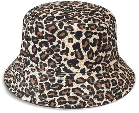 AYPOW Reversibel dam fiskarhatt leopard vikbar solhatt, lätt dubbelsidig användning fiskarhatt tonåring flicka bomull fiskarhattar, UV-skydd strandhatt mode hinkhatt för camping resor vandring