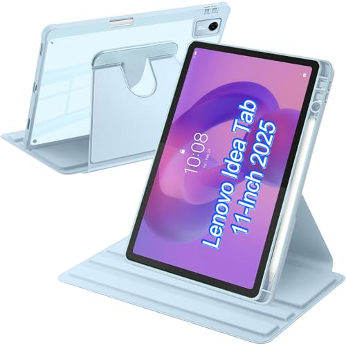 A-BEAUTY Funda Giratoria Compatible con con Lenovo Idea Tab 11 Pulgadas 2025 (TB-336ZU/TB-336FU) Soporte para Bolígrafo, Rotación de 360° Respaldo Clara, Auto-Sueño/Estela, Azul Claro