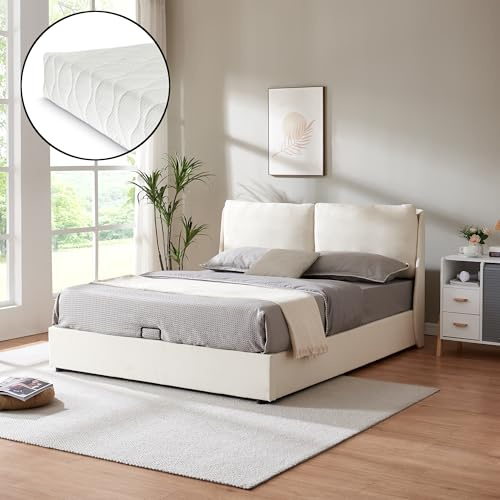[en.casa] Lit Double avec Sommier à Lattes Coffre de Rangement Tête de Lit Rembourrée Matelas à Mousse Froid Respirant Résistant Contreplaqué Polyester Plastique 160 x 200 cm Beige