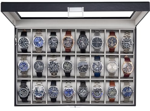 ProCase Watch Box for Men, 24 Slot Display Case with Real Glass Lid and Removable Pillows, Premium Storage Holder Organizer for Watch Collectors Valentine's Day -24 Slot, Black