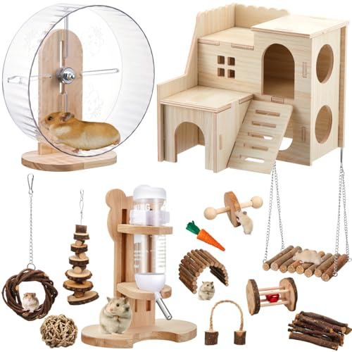 Sonwyoung 18 Pcs Hamster Toys Set, 10 Kinds Small Animal Chewing Toys, Maze Wood House, Silent Exercise Running Wheels and Water Bottle Set for Hamster Habitat Rat Cage Accessories(Mixed Play Style)