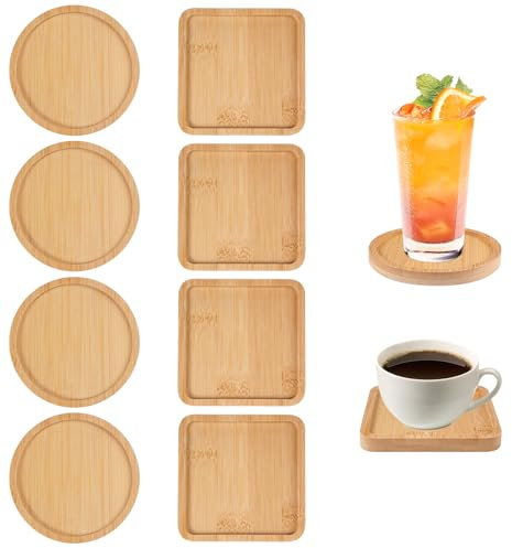Varenzya 8 Piezas Posavasos Madera, 4 Redondas (9,5 cm) y 4 Cuadrados (9 cm) Posavasos de Bambú, Resistentes al Calor, Juego de Coaster de Madera para Mosaicos, Té, Café, Pasteles, Plantas, Velas