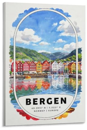 AOJYLXE Bergen vattenfärg reseaffisch vintage väggkonst 50 x 75 cm (20 x 30 tum), scenisk stad landskap målningstryck, estetisk rumsdekor och stort landskap konstverk för hemmakontor