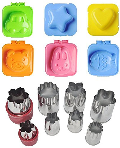 Toner Depot Egg Sushi Rice Mold and Vegetable Cutter Shapes Set, 6 Sets of Rice Mold and 8 Pieces Fruit Cookie Cutter Mould Cake Cheese Stamps Cute Bento Accessories for Customized Kids Food Making