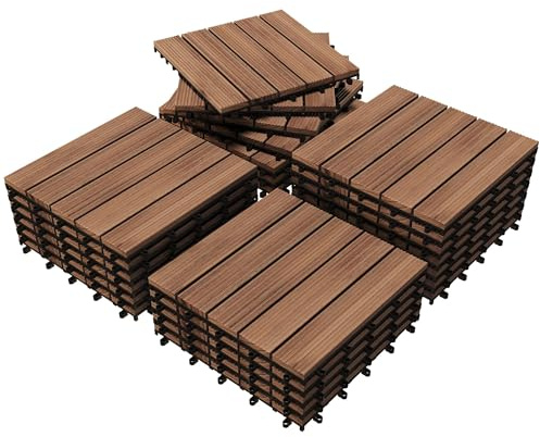Yaheetech 27PCS Interlocking Patio Deck Tiles 12 x 12in Wood Floor Tiles Outdoor Flooring for Patio Garden Deck Poolside Brown