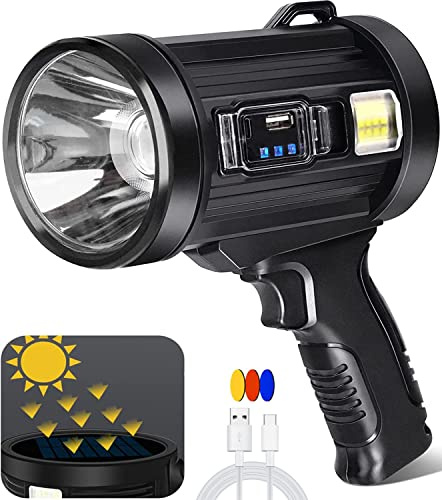 JSKNB Spotlight 100000 Lumens, 6 Modes Led Rechargeable Spotlight Flashlight As Seen on TV with Tripod, Color Filters, Super Bright Solar Spot Lights Outdoor Handheld for Hunting, Boating, Camping