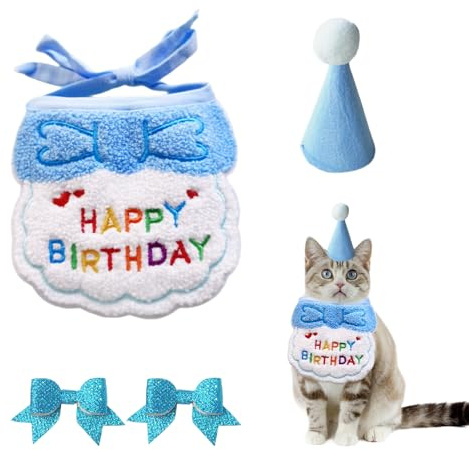 ZBHDEYG - Bavoir, bonnet d'anniversaire, épingles à cheveux, accessoires pour animaux de compagnie, costume de chat (bleu, taille petite, laine)