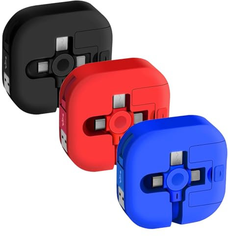 Nadiaen 3 Pcs Multi Charger Cable,3 In 1 Data Line Fast Charging Box,Retractable Charging Cable,Data Transmission,for Cell Phones,iPhone, Galaxy,Huawei,PS,Tablets(Blue+Black+Red)