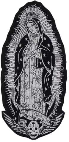 Parche bordado termoadhesivo Madonna Guadalupe 28 cm – Parche grande protector para chaqueta de moto, chaleco, chaqueta – Alta calidad negro/blanco | Patch Biker | para motociclistas | DIY