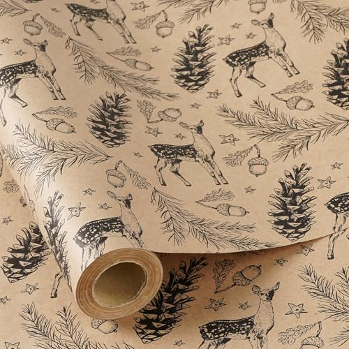 RUSPEPA Christmas Wrapping Paper Roll for Women Men, Mini Roll, Vintage Black Forest Reindeer and Pinecone Design, Rustic Woodland Gift Wrap for Christmas, Birthday, 43.2cm x 5m