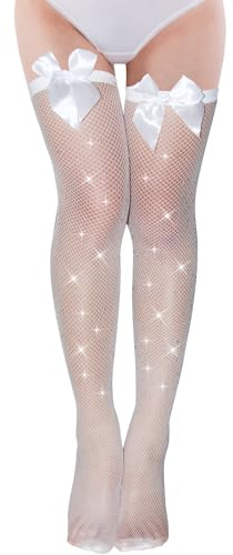 AIEDECOPT Bas Autofixant Sexy, Collant Paillette Femme, Bas Femme avec Noeud et Strass, Collant Resille Pailleté, Rhinestone-embellished Stockings, pour Fêtes, Bals, Valentin, Nouvelle Année