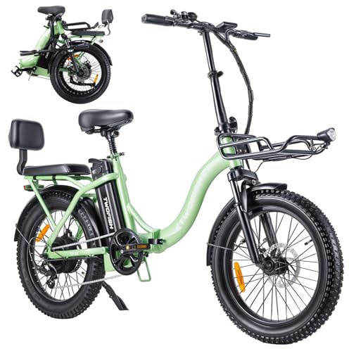 TWOFISH Electric Bike for Adults, Folding Electric Bicycle with 36V 17.8Ah Battery, MAX 100km Range, 20” Fat Tires, Cruise Control, 7-Speed Gear, Dual Seat E Bike (Green)
