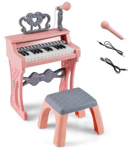 COSTWAY Clavier Piano Enfant 25 Touches avec Tabouret Microphone Pupitre, Piano Numérique avec Pieds Détachables et Haut-parleurs, 6 Sons, 6 Rythmes, 22 Démos, Instrument de Musique pour 3 Ans+