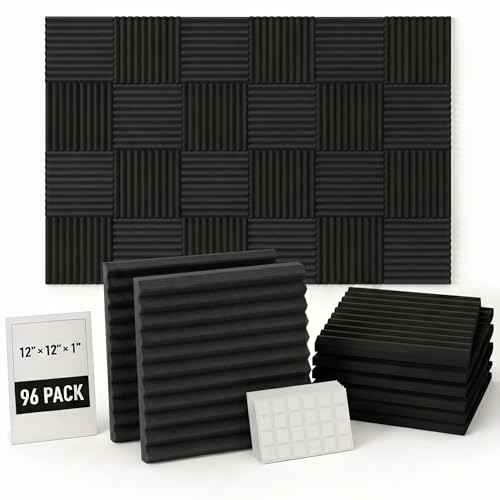 96 Pack Allxinlog Absorb the echo Acoustic Foam Panel Wedge Studio Soundproofing Wall Tiles 12 X 12 X 1 (96-BLACK)