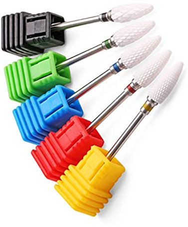 Natury Nails set 5 Fresas de Cerámica para Torno de uñas. Esmaltes semipermanentes, uñas acrílicas y uñas de gel. Forma maíz. Granos Súper Fino, Fino, Medio, Grueso y Súper Grueso