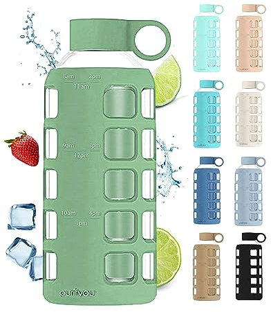 purifyou Premium 40/32 / 22/12 oz Glass Water Bottles with Volume & Times to Drink, Silicone Sleeve & Stainless Steel Lid Insert, Reusable Bottle for Fridge Water, Milk, Juice (22oz Shale Green)