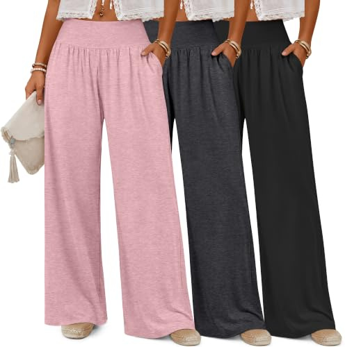 Neer Paquete de 3 Pantalones de Yoga de Pierna Ancha para Mujer Pantalones Cómodos para Estar en Casa con Bolsillos