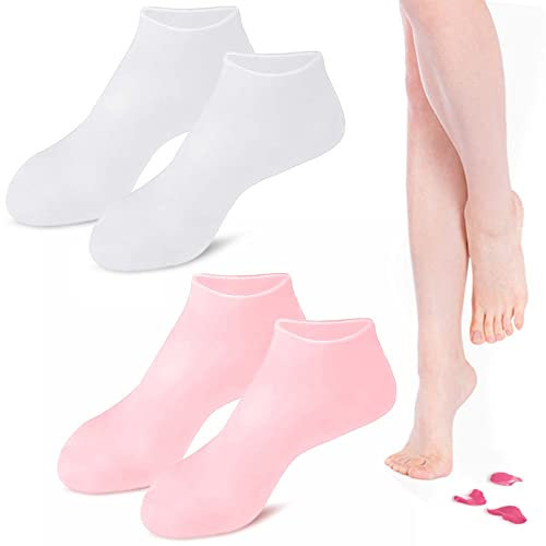 2 Paar Feuchtigkeitsspendende Socken Silikon Feuchtigkeitssocken, Anti-Rutsch Fuß Spa Gel Socken Fußpflege, Weiche Moisturizing Silikonsocken für Füße, Gelsocken für Trockene Rissige Füße (Weiß+Rosa)