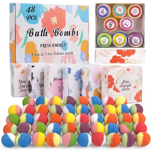 kainga Recka 48 Natural & Organic Bath Bombs for Women and Kids, Rich in Essential Oils, Relaxation and Stress Relief, BathBombs Gift Set for Mothers Day, Christmas, Valentines Day & Birthday